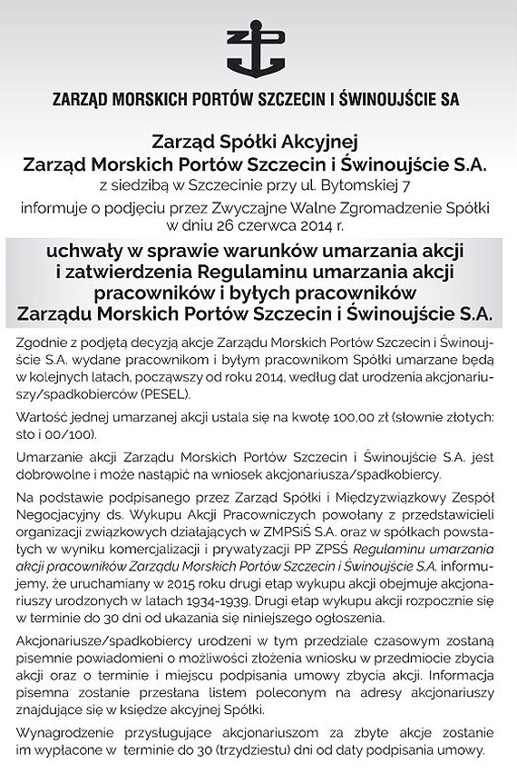 Zarzd Spki Akcyjnej Zarzd Morskich Portw Szczecin i winoujcie S.A. z siedzib w Szczecinie  przy ul. Bytomskiej 7
